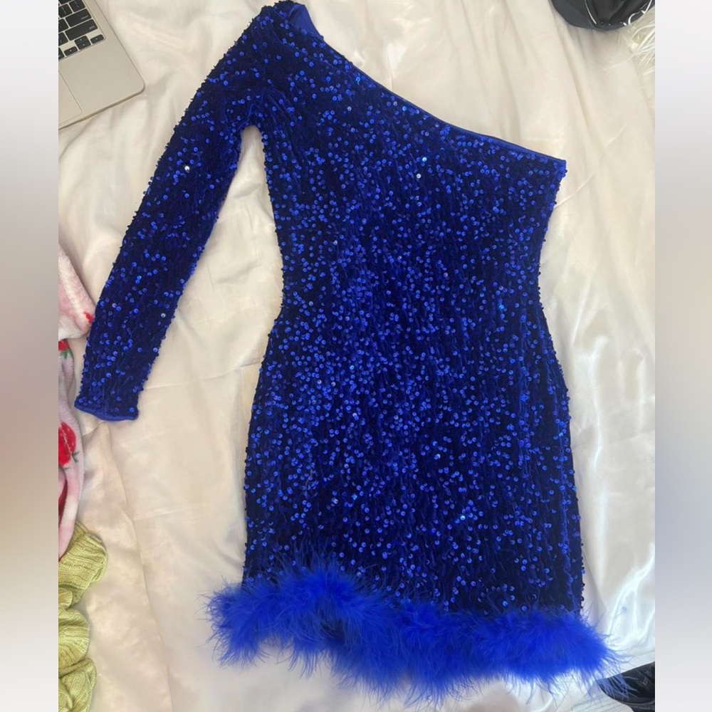SHEIN Royal Blue Sequin One-Shoulder Dress